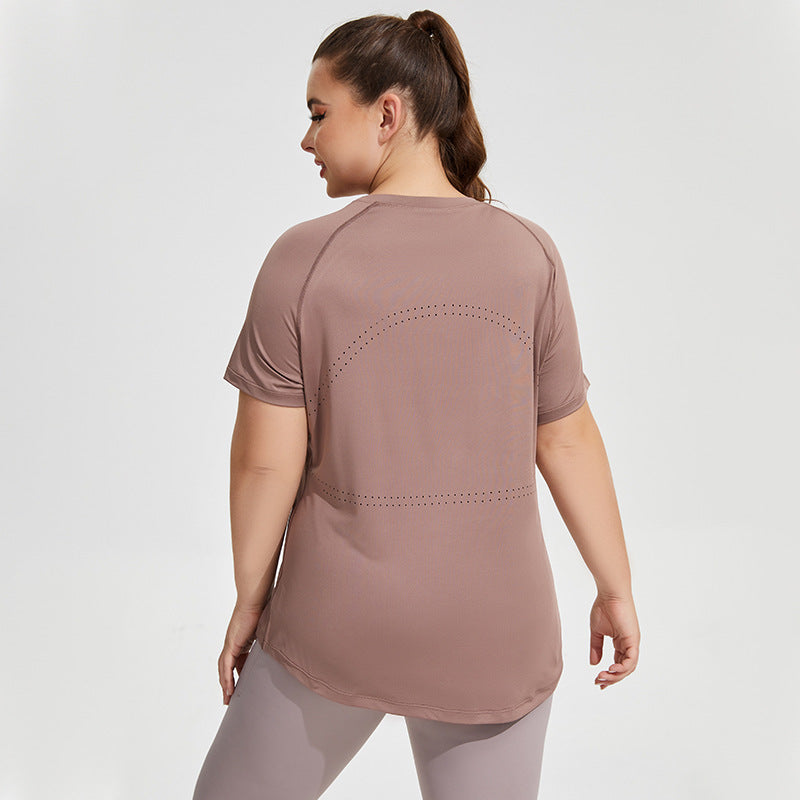 Women's Plus Size Longline Gym T-Shirt - Mesh Back Training Top in Sand