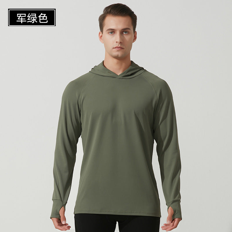 Men's Hooded Training Top with Thumbholes - Loose Fit Running Hoodie in Army Green