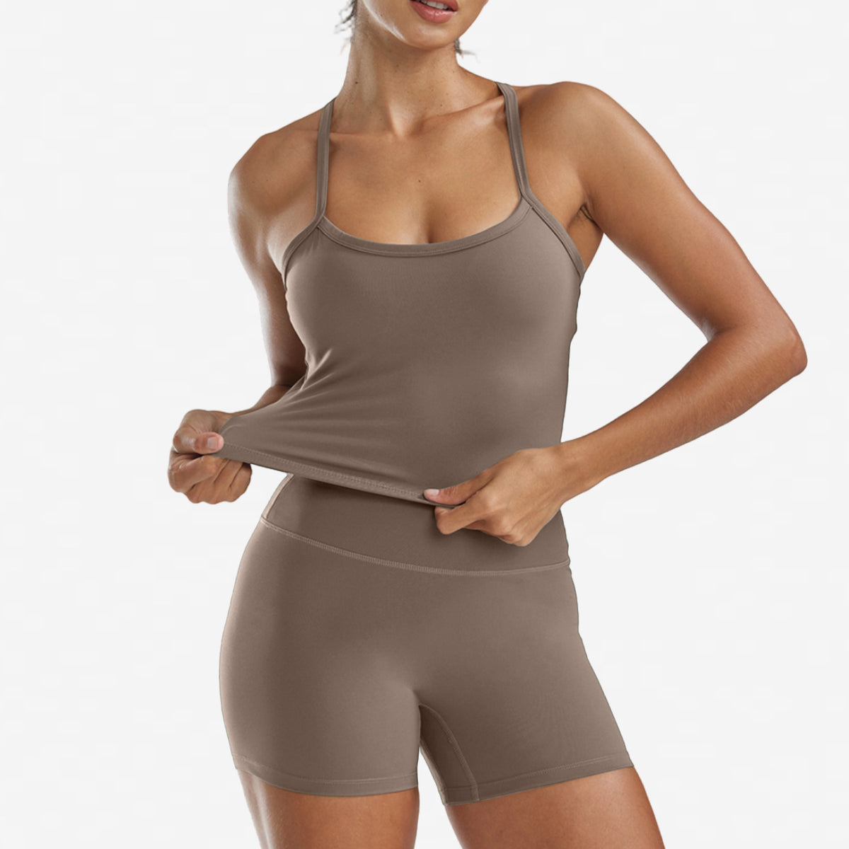 Women's 2-Piece Yoga Set - Cami Top & High-Waisted Shorts in Taupe
