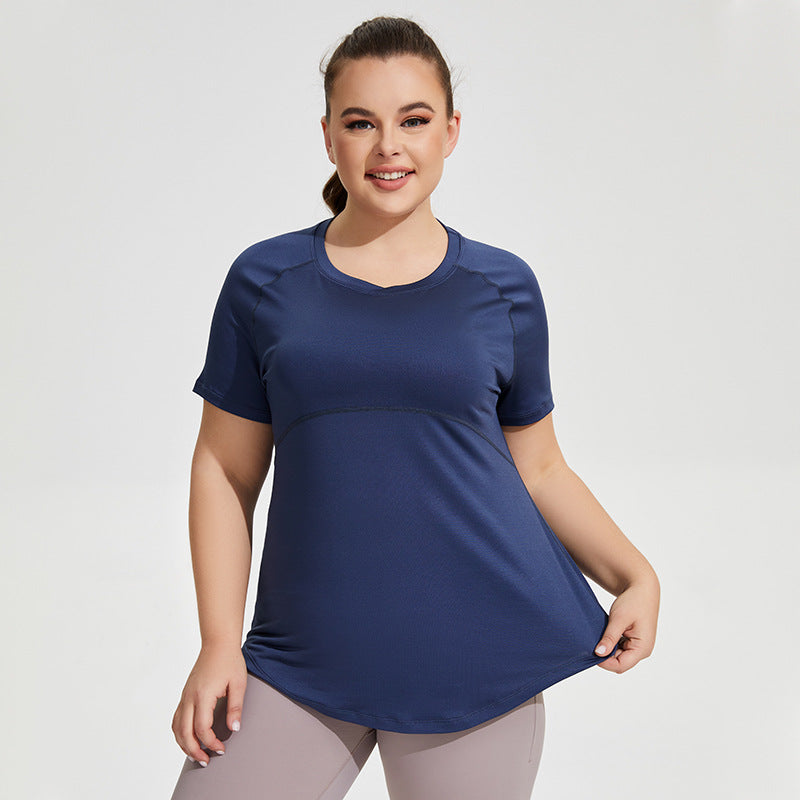 Women's Plus Size Longline Gym T-Shirt - Mesh Back Training Top in Prussian Blue