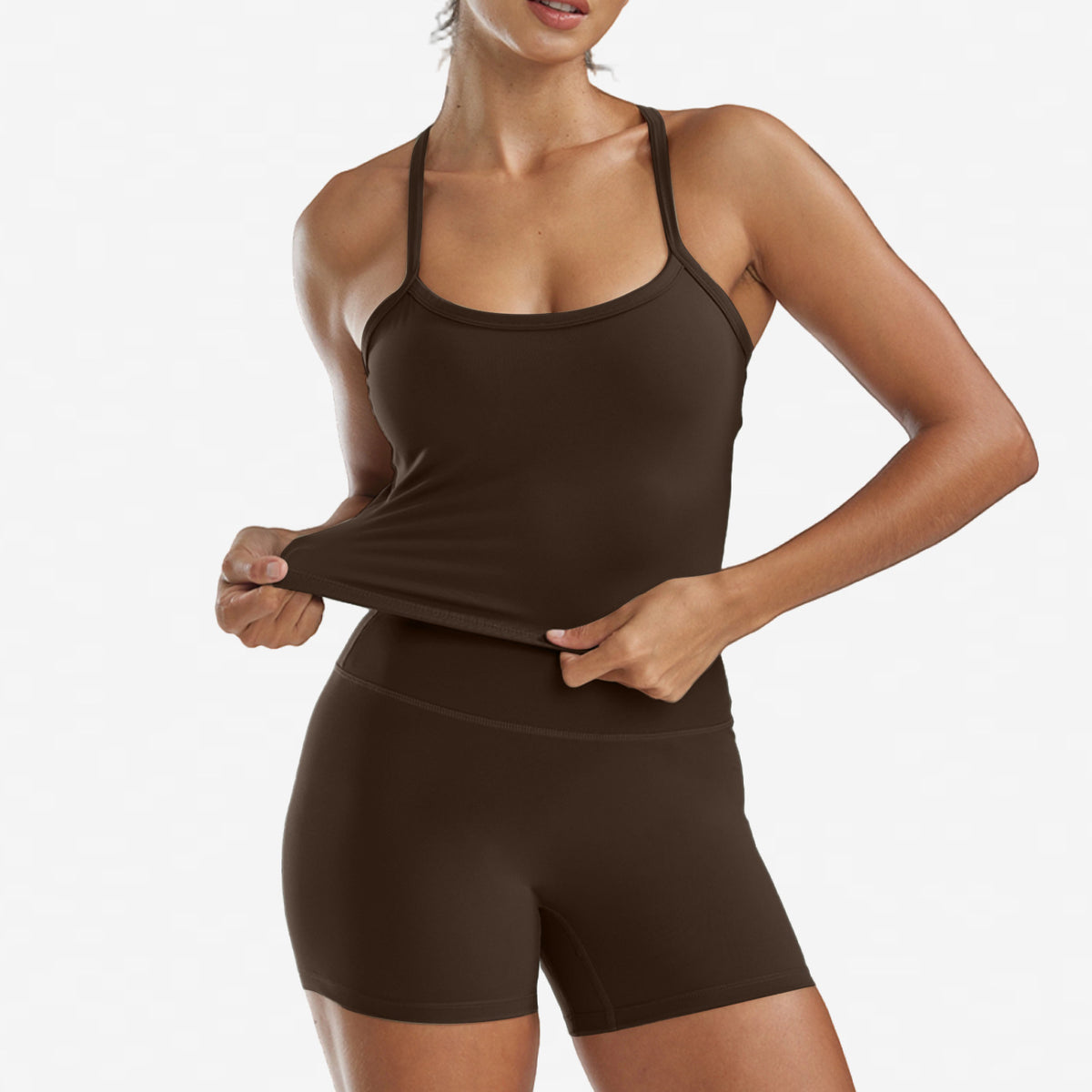 Women's 2-Piece Yoga Set - Cami Top & High-Waisted Shorts in Coffee