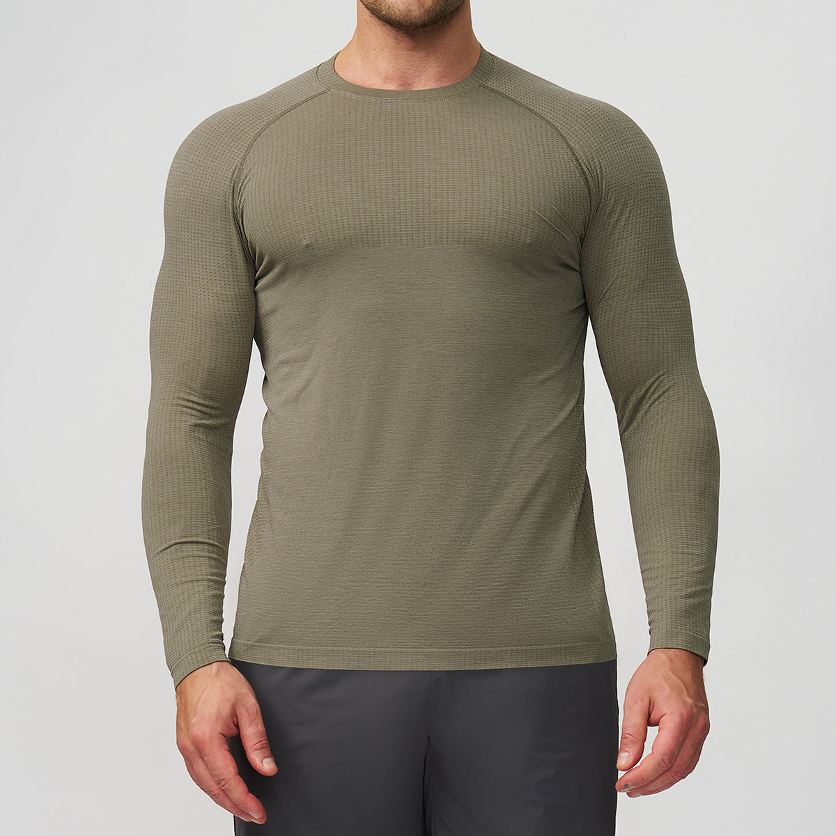 Men's Seamless Long Sleeve Base Layer - Two-Tone Running Top in Light Olive