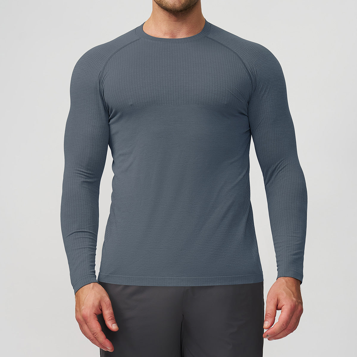 Men's Seamless Long Sleeve Base Layer - Two-Tone Running Top in Slate Blue