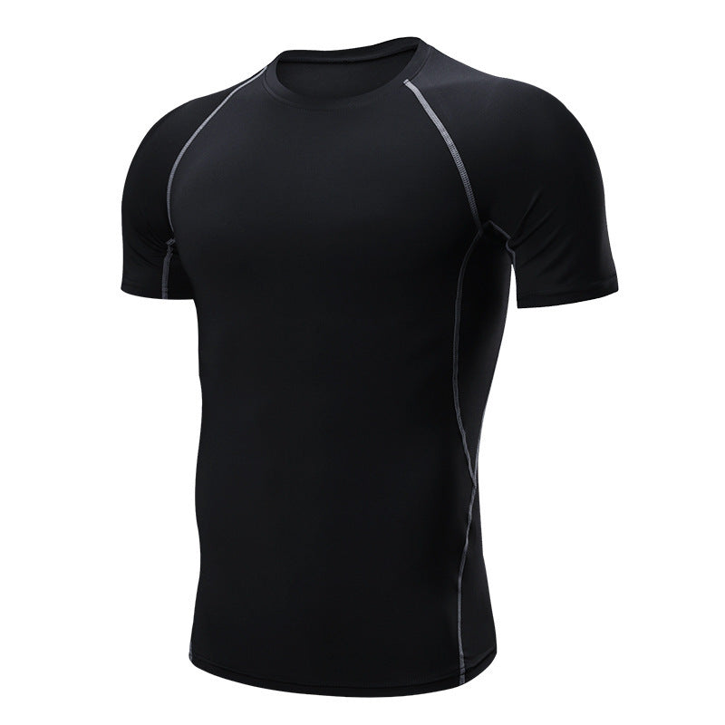 Men's Short Sleeve Compression Base Layer - Contrast Trim Gym Top in Black / Grey Trim