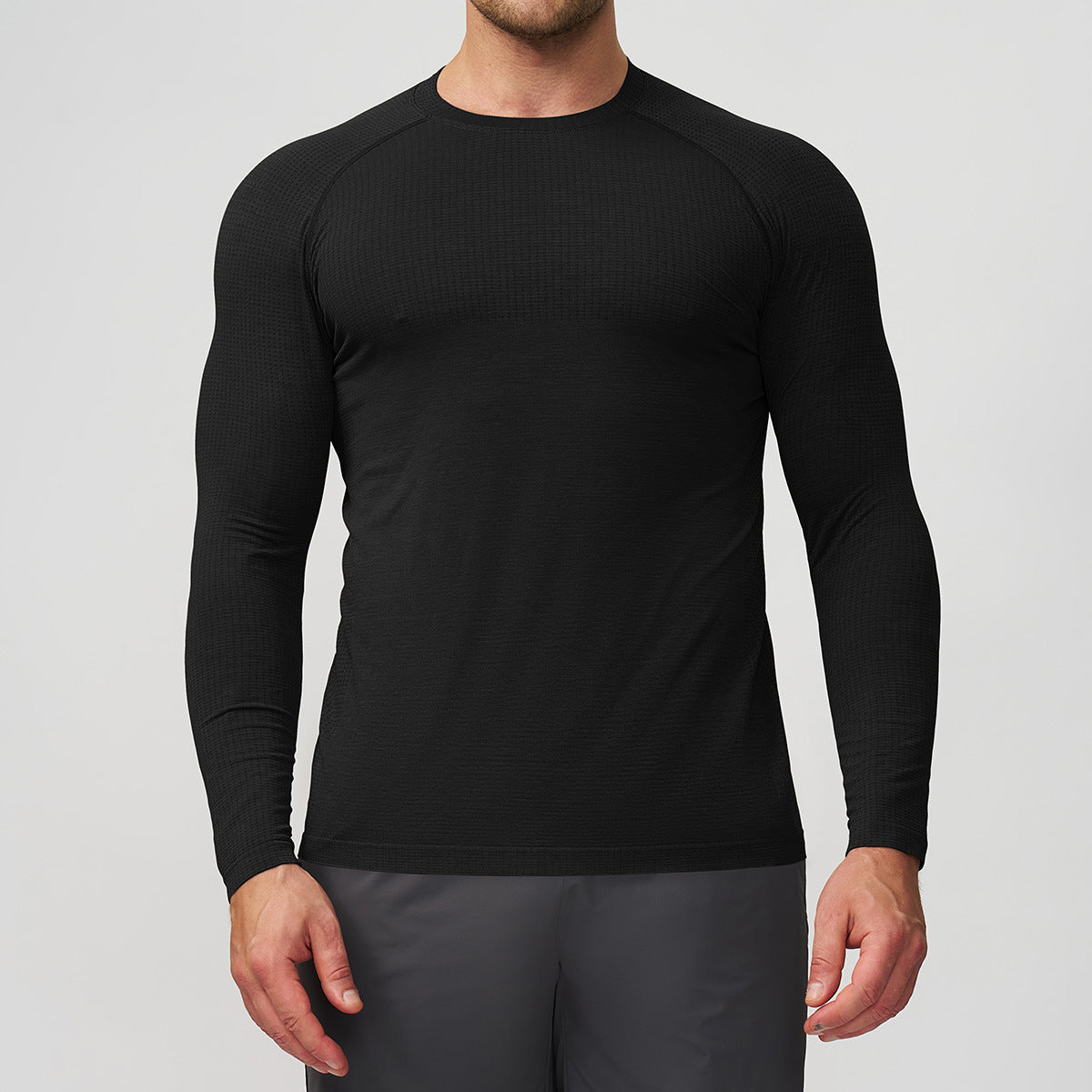 Men's Seamless Long Sleeve Base Layer - Two-Tone Running Top in Black