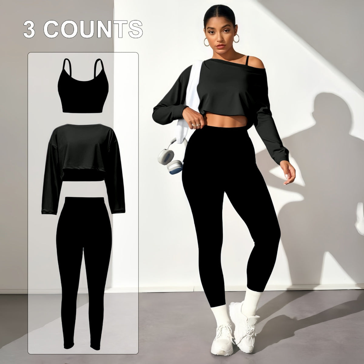 Women's Seamless 3-Piece Yoga Set - Sports Bra, Long Sleeve Top & Leggings in Black