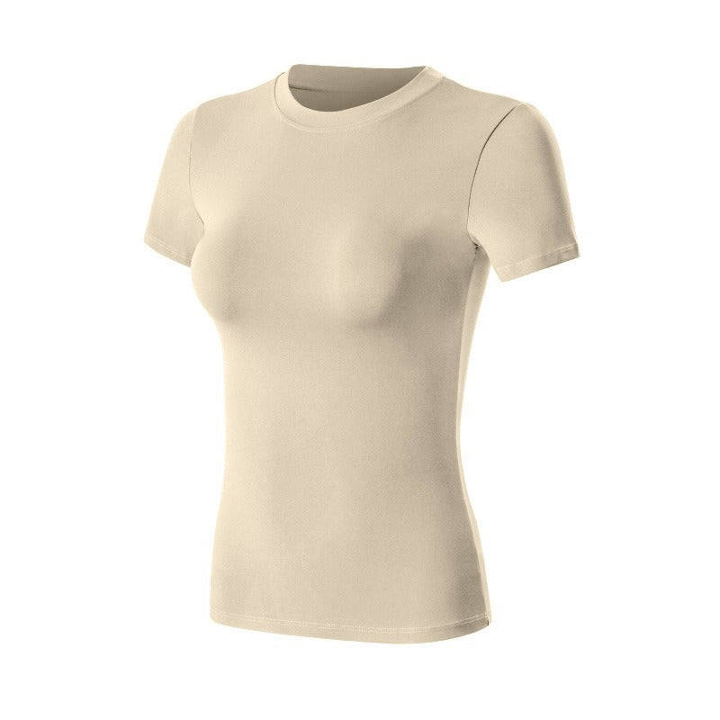 Women's Slim Fit Gym T-Shirt - Quick-Dry Short Sleeve Training Top in Khaki