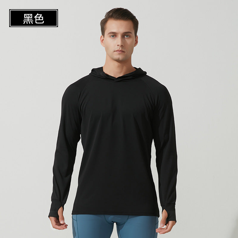 Men's Hooded Training Top with Thumbholes - Loose Fit Running Hoodie in Black