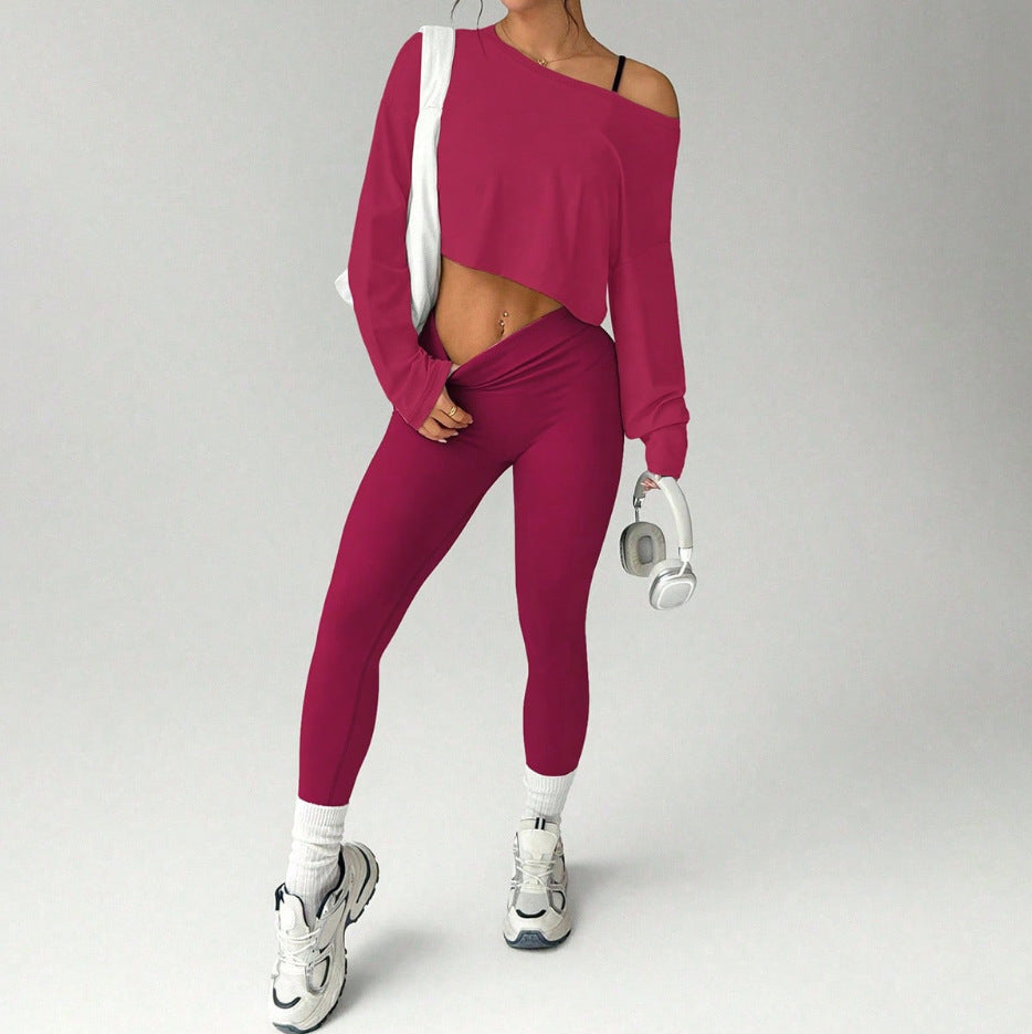 Women's Seamless 3-Piece Yoga Set - Sports Bra, Long Sleeve Top & Leggings in Rose Red