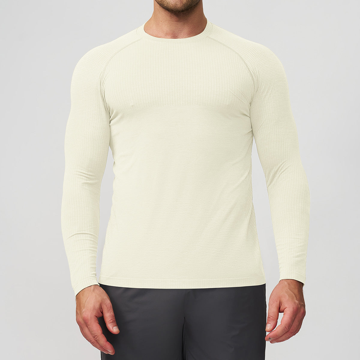 Men's Seamless Long Sleeve Base Layer - Two-Tone Running Top in Cream