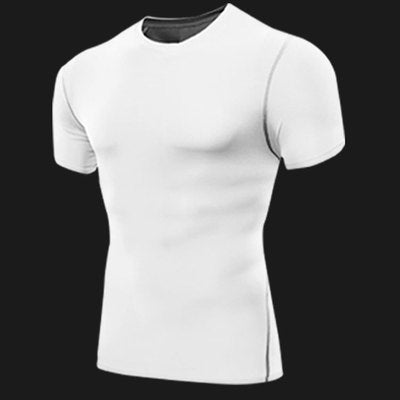 Men's Short Sleeve Compression Base Layer - Contrast Trim Gym Top in White / Grey Trim