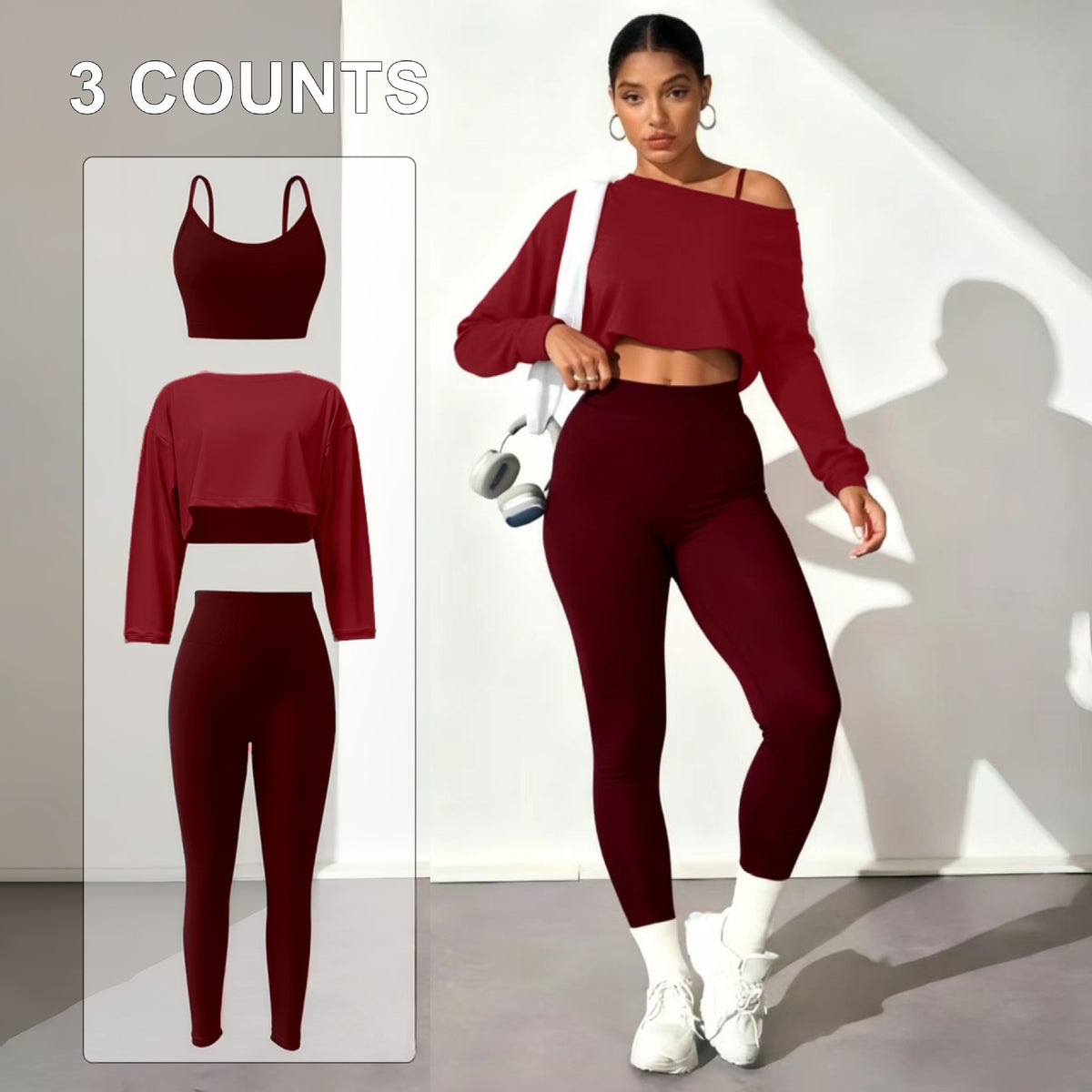 Women's Seamless 3-Piece Yoga Set - Sports Bra, Long Sleeve Top & Leggings in Wine