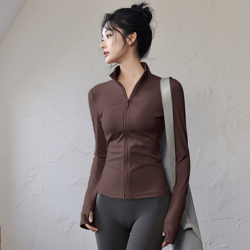 Women's Long Sleeve Gym Top - Quick-Dry, Standard or Fleece-Lined in Mocha