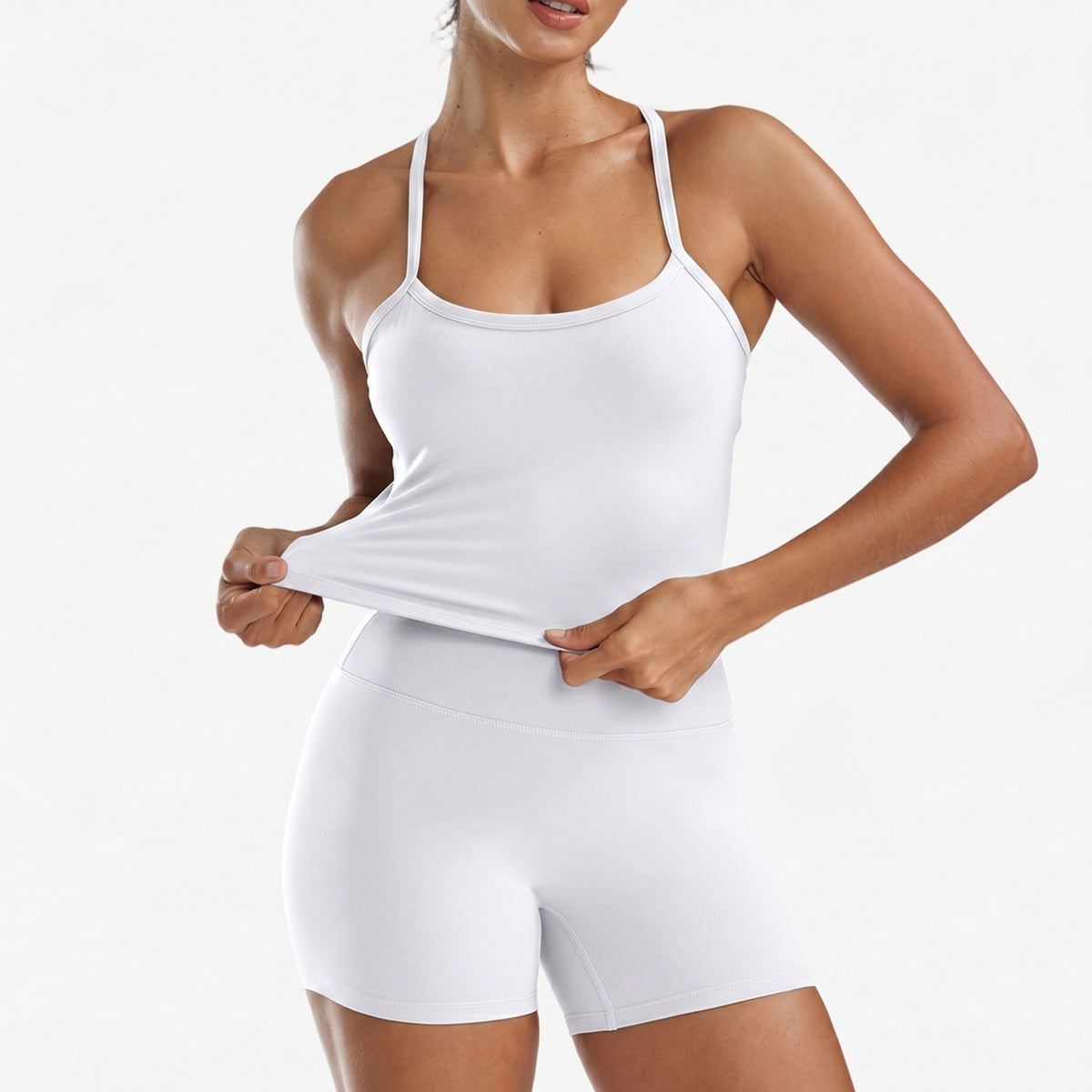 Women's 2-Piece Yoga Set - Cami Top & High-Waisted Shorts in White