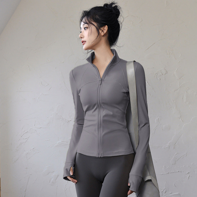 Women's Long Sleeve Gym Top - Quick-Dry, Standard or Fleece-Lined in Stone Grey