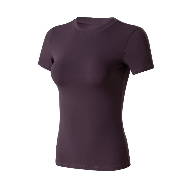 Women's Slim Fit Gym T-Shirt - Quick-Dry Short Sleeve Training Top in Aubergine