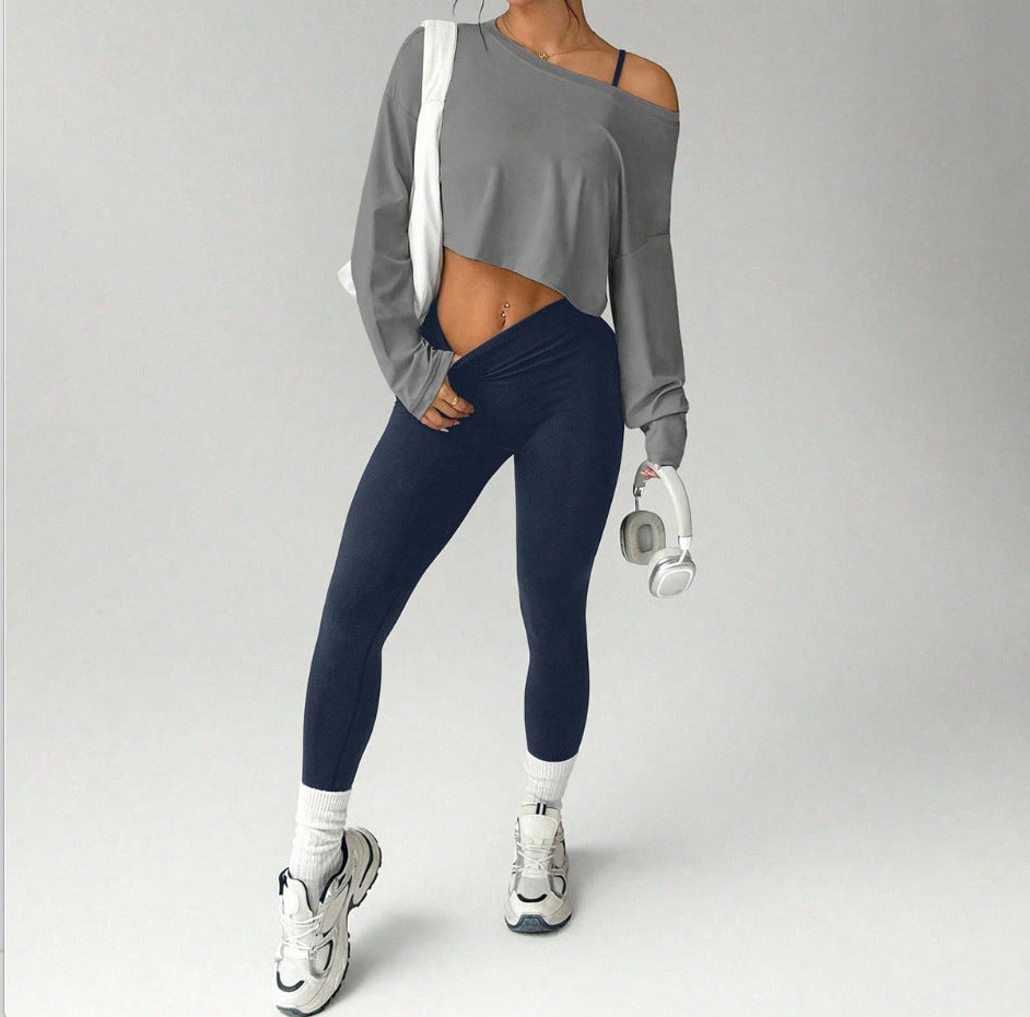 Women's Seamless 3-Piece Yoga Set - Sports Bra, Long Sleeve Top & Leggings in Grey