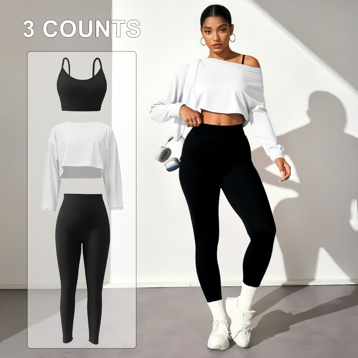 Women's Seamless 3-Piece Yoga Set - Sports Bra, Long Sleeve Top & Leggings in White / Black