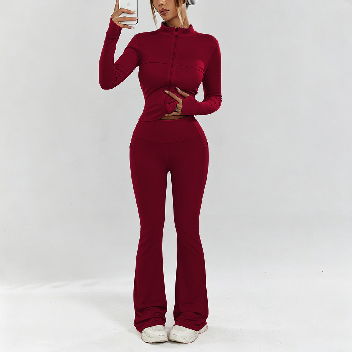 Women's 2-Piece Yoga Set - Long Sleeve Top & Flared Leggings in Red
