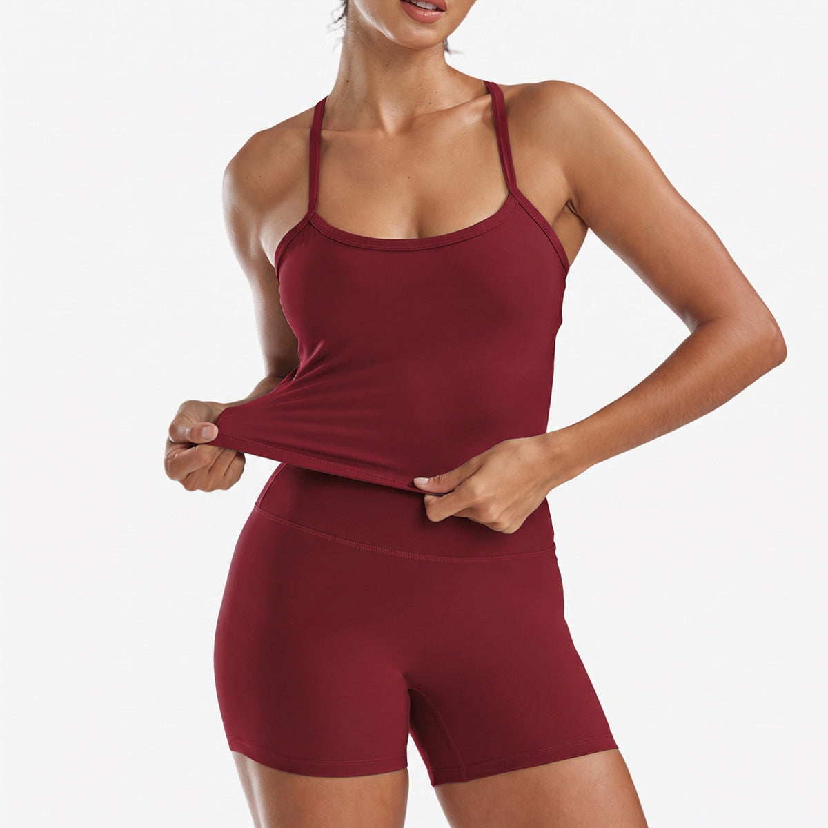 Women's 2-Piece Yoga Set - Cami Top & High-Waisted Shorts in Red