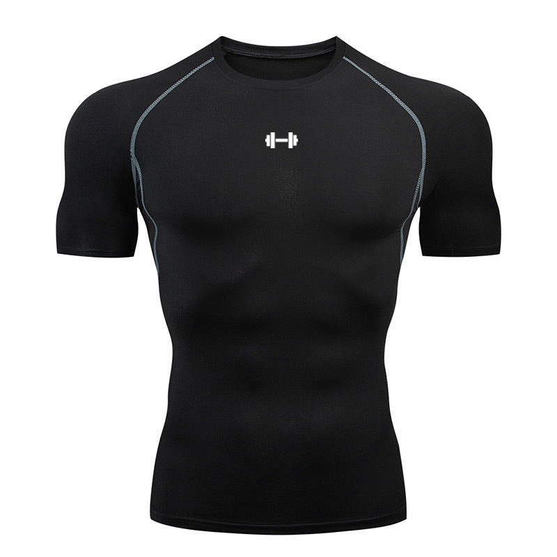 Men's Short Sleeve Compression T-Shirt - Quick-Dry Training Top in Black / Grey Stripe