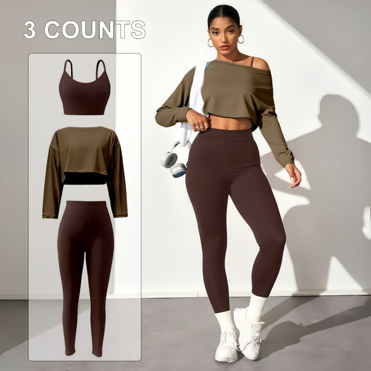 Women's Seamless 3-Piece Yoga Set - Sports Bra, Long Sleeve Top & Leggings in Brown