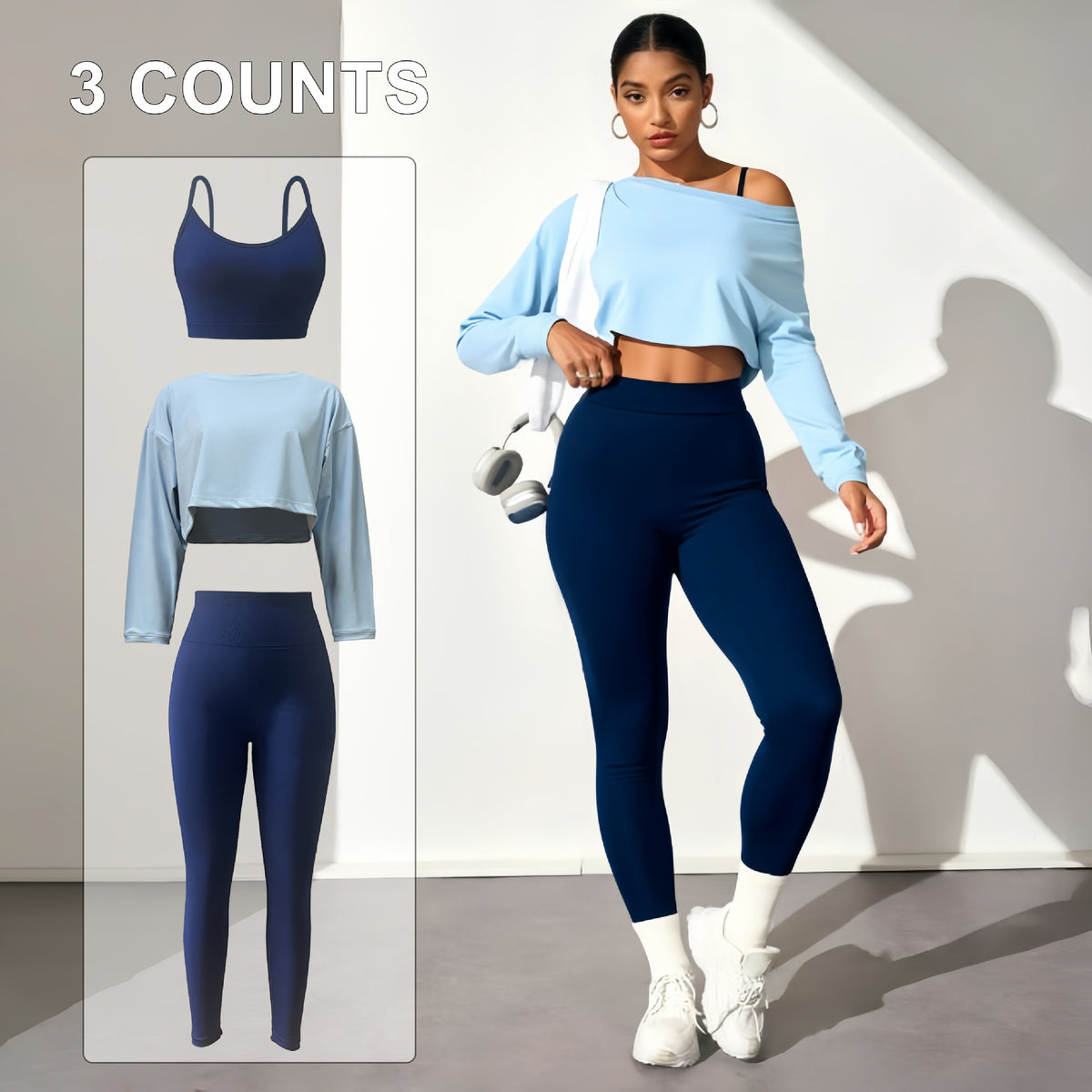 Women's Seamless 3-Piece Yoga Set - Sports Bra, Long Sleeve Top & Leggings in Light Blue / Navy