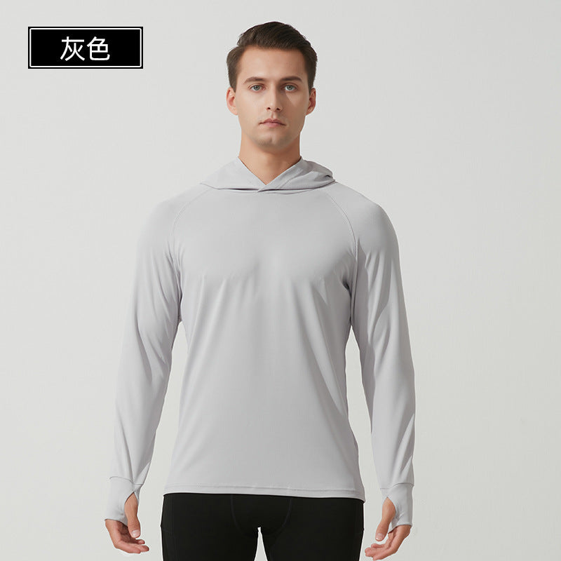 Men's Hooded Training Top with Thumbholes - Loose Fit Running Hoodie in Light Grey