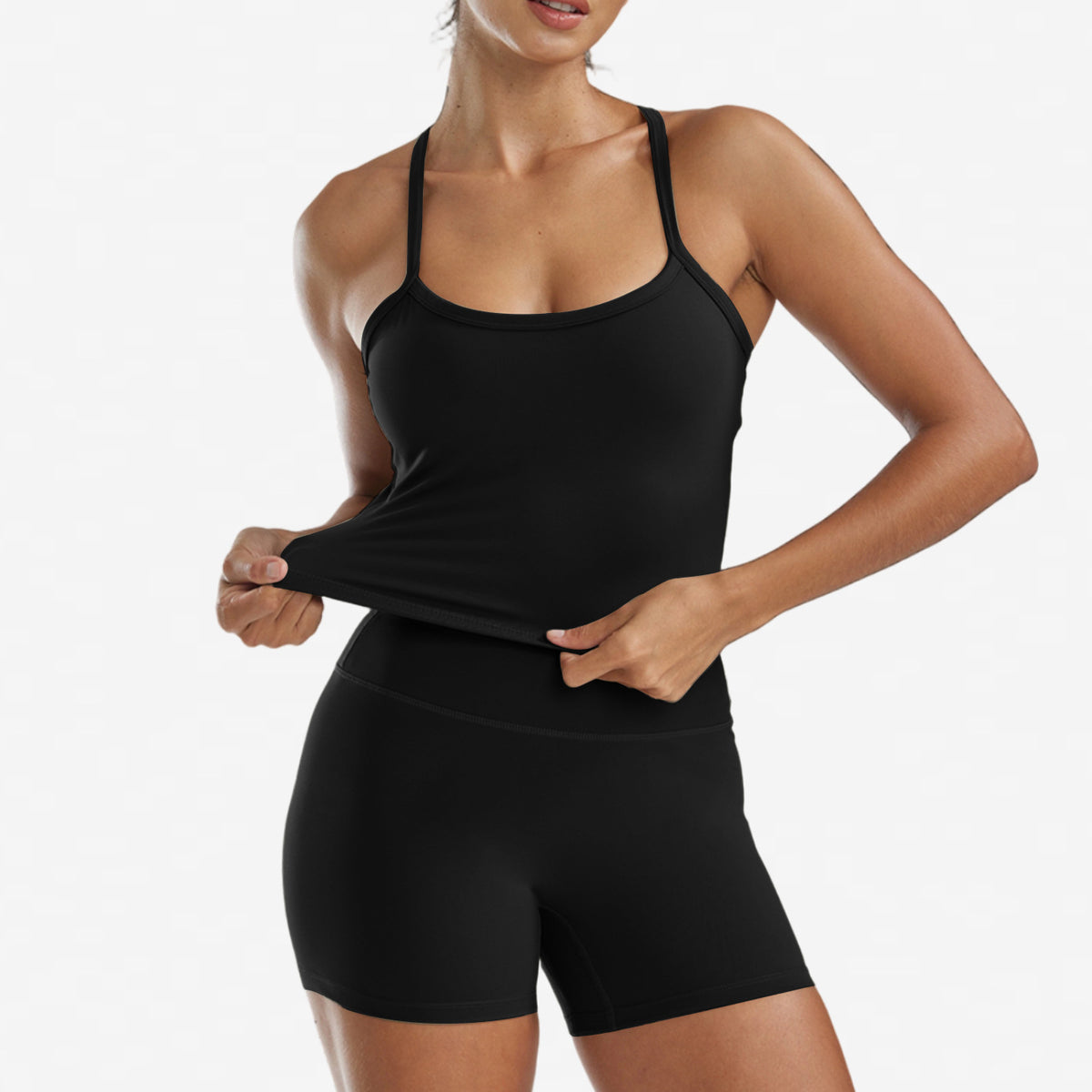 Women's 2-Piece Yoga Set - Cami Top & High-Waisted Shorts in Black
