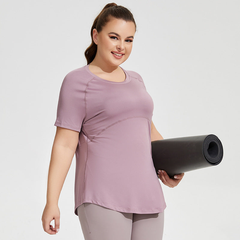 Women's Plus Size Longline Gym T-Shirt - Mesh Back Training Top in Hyacinth Purple