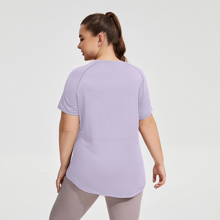 Women's Plus Size Longline Gym T-Shirt - Mesh Back Training Top in Bright Purple